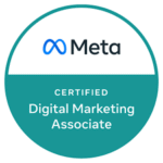 Circular certification badge showing the Meta logo and the text 'CERTIFIED Digital Marketing Associate' on a teal bottom half. (informational)